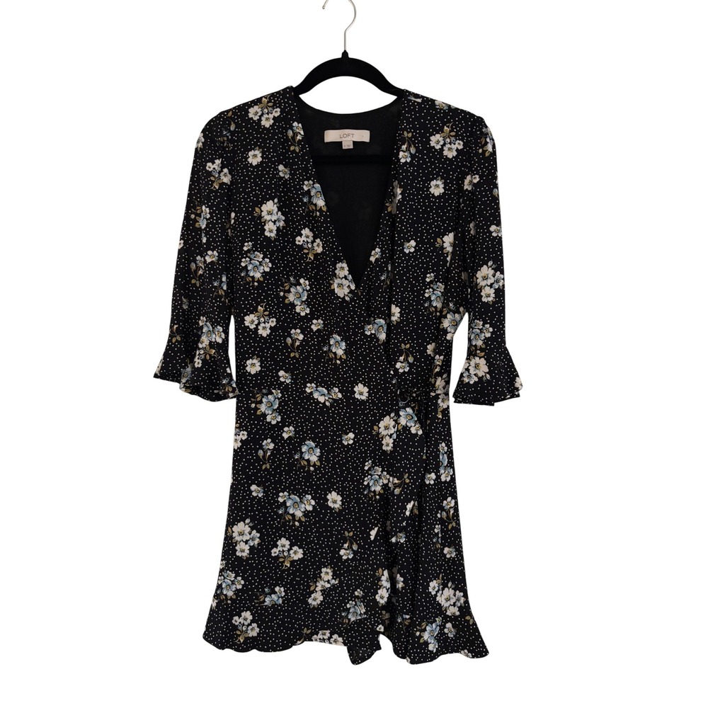 LOFT Black Floral Polka Dot Ruffle Wrap Romper Size 0 V-Neck Elbow Sleeve